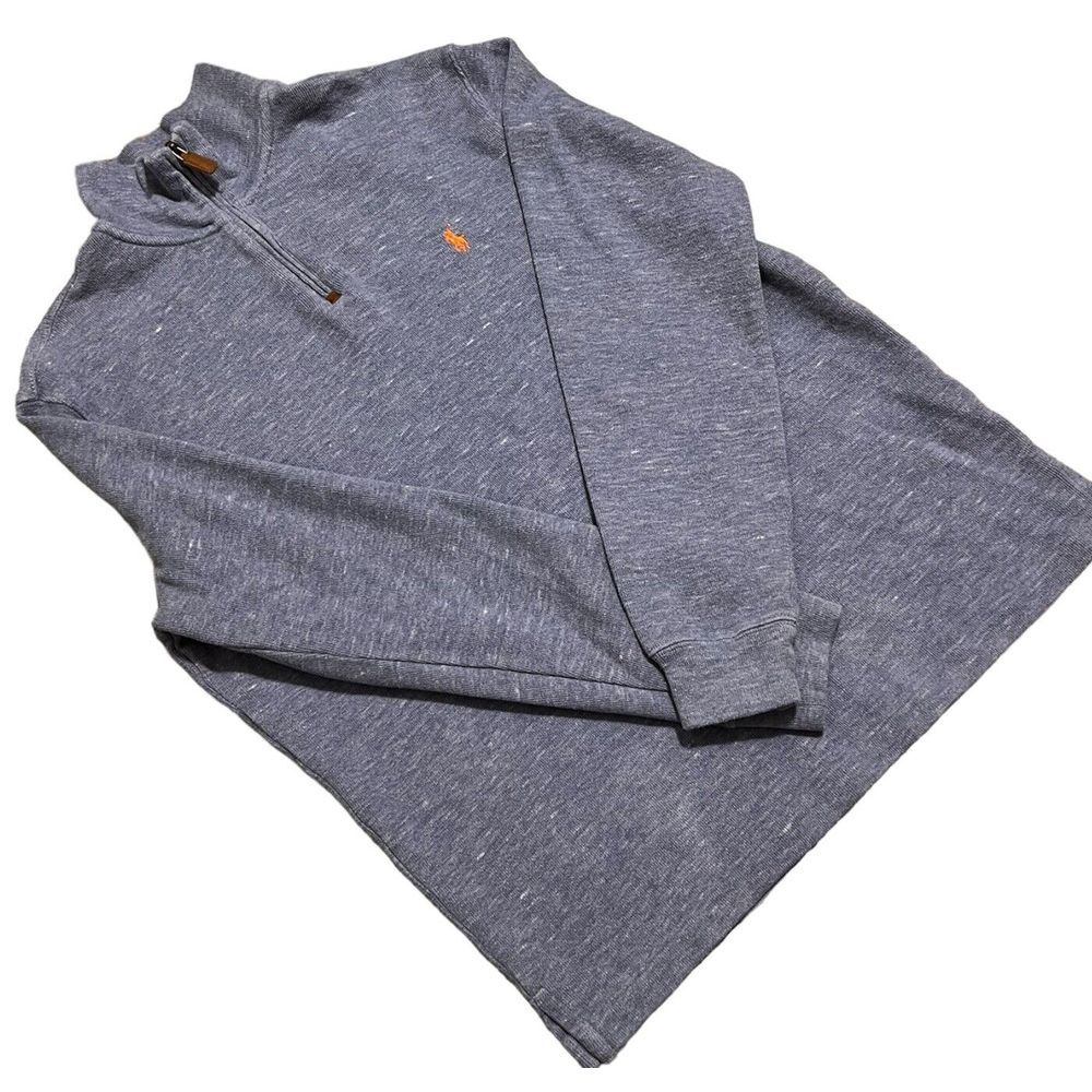 Polo Ralph Lauren Men's 1/4 Zip Pullover Sweater Large Heather Blue Orange Logo